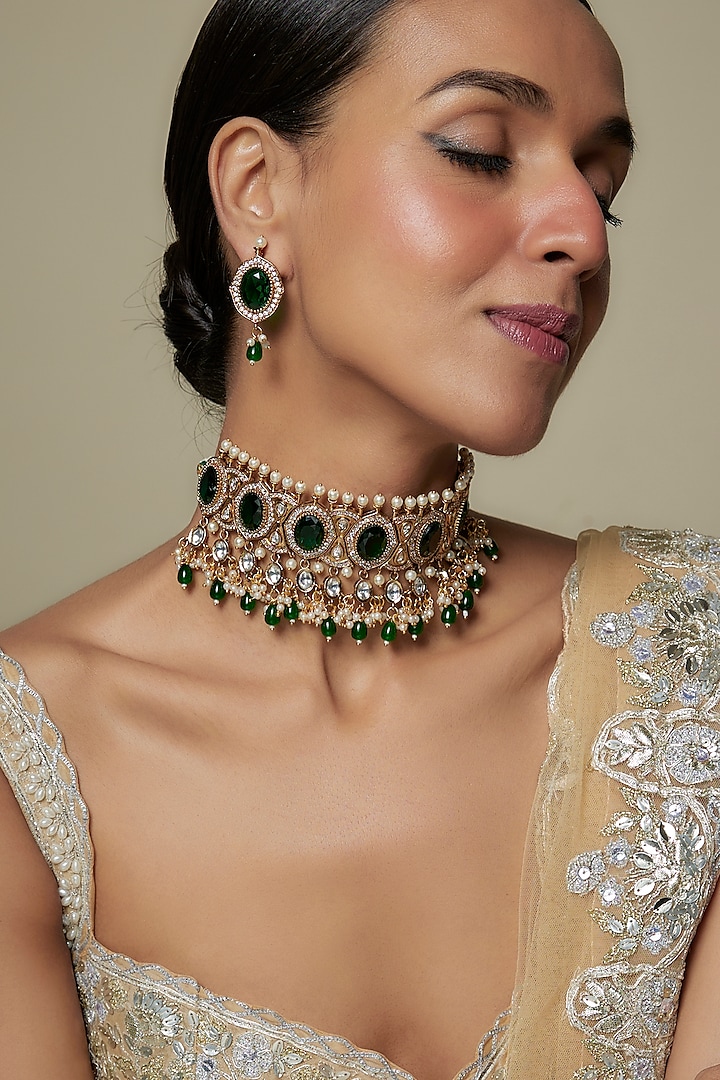 Gold Plated Kundan Polki & Green Stone Choker Necklace Set by Minaki at Pernia's Pop Up Shop