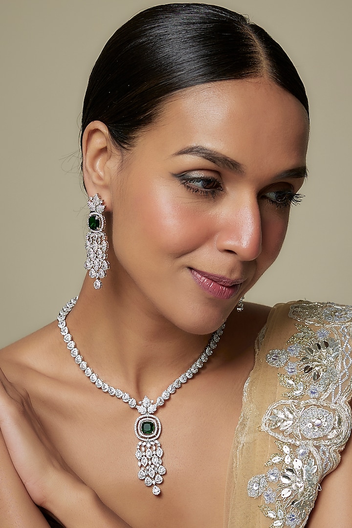 White Gold Finish Green Stone & Cubic Zirconia Necklace Set by Minaki at Pernia's Pop Up Shop