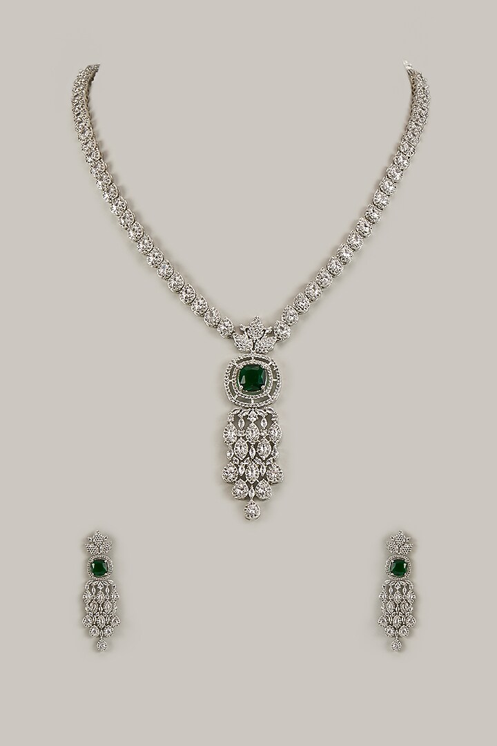 White Gold Finish Green Stone & Cubic Zirconia Necklace Set by Minaki at Pernia's Pop Up Shop