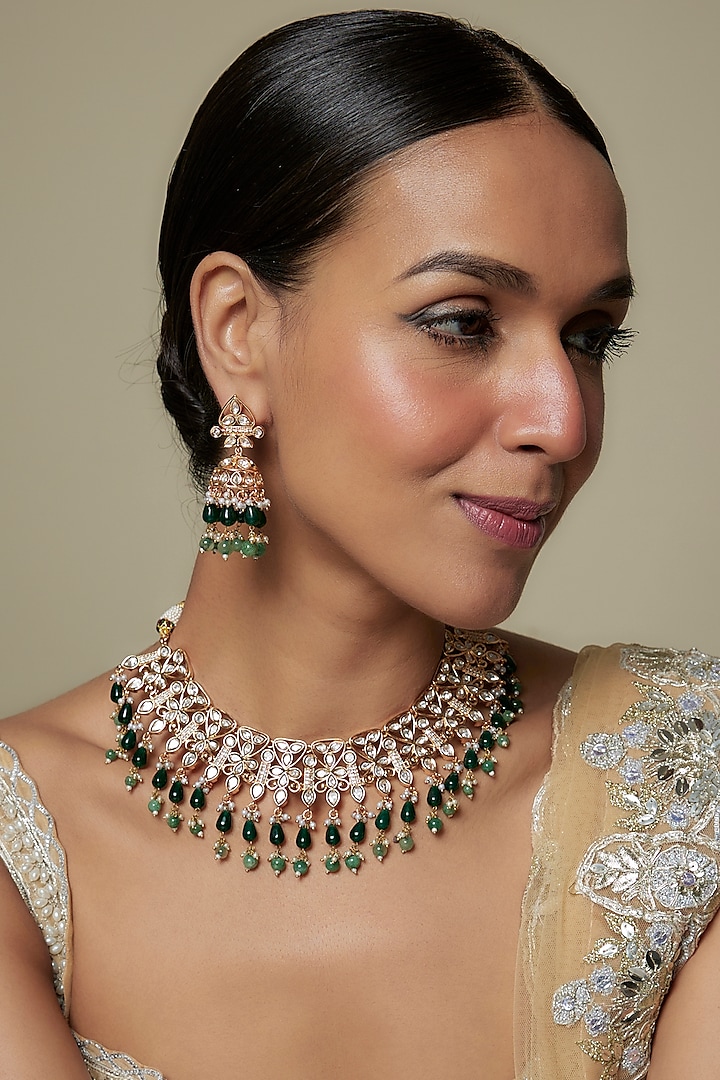 Gold Plated Kundan Polki & Green Beaded Necklace Set by Minaki at Pernia's Pop Up Shop