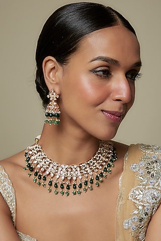 Gold Plated Kundan Polki & Green Beaded Necklace Set by Minaki