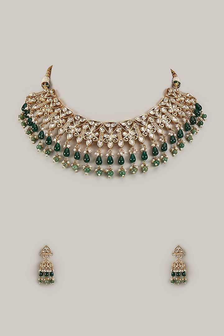 Gold Plated Kundan Polki & Green Beaded Necklace Set by Minaki at Pernia's Pop Up Shop
