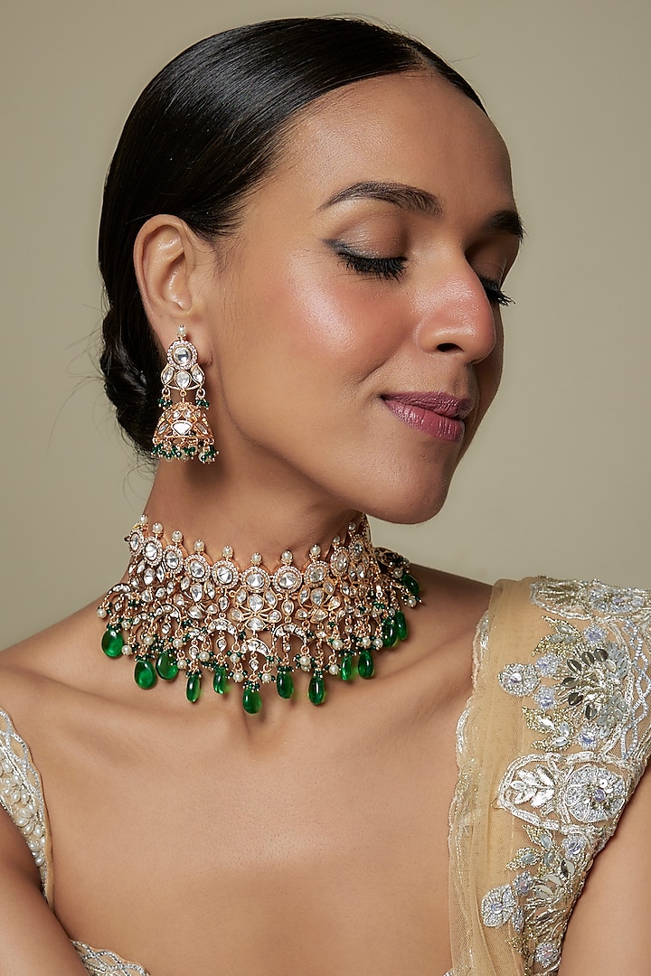 Gold Plated Kundan Polki & Green Beaded Choker Necklace Set by Minaki at Pernia's Pop Up Shop