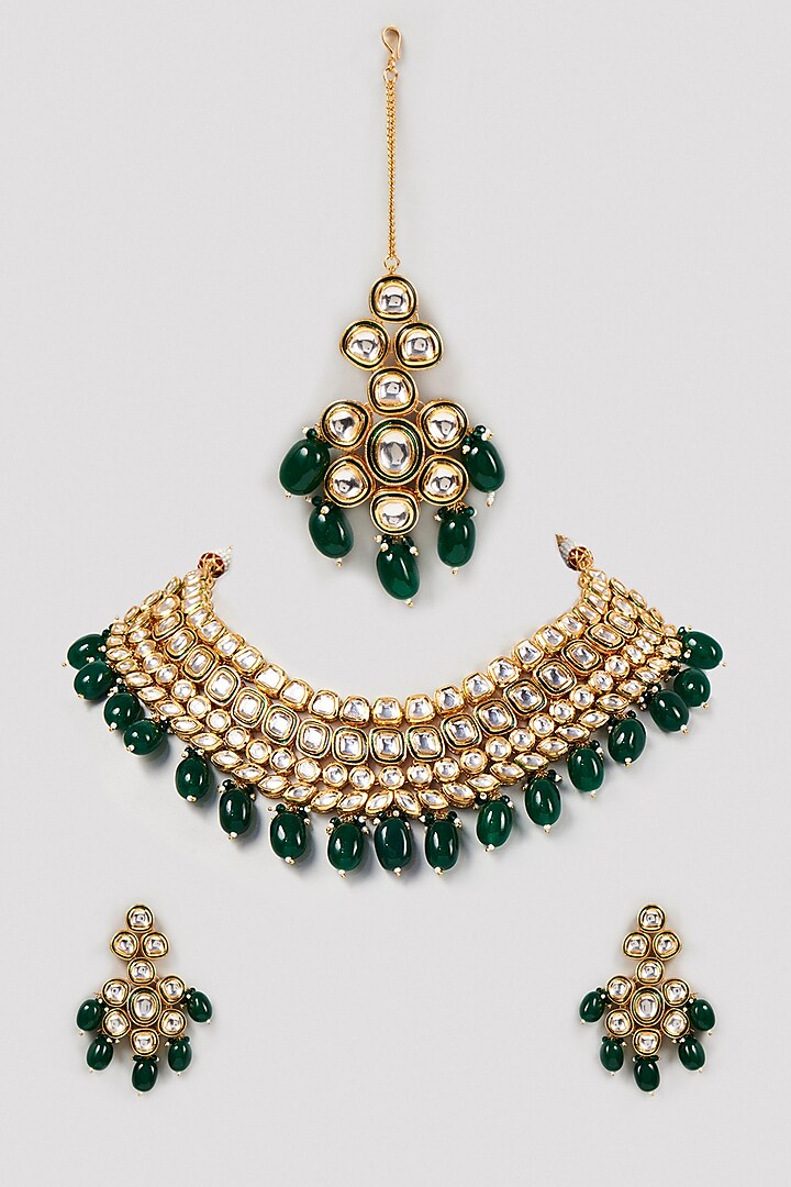 Gold Plated Kundan & Agates Necklace Set by Minaki