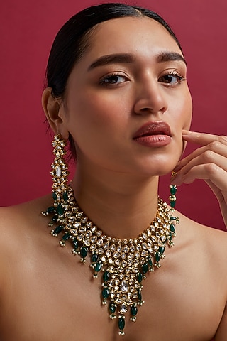 Gold Plated Agate & Beads Necklace Set by Minaki