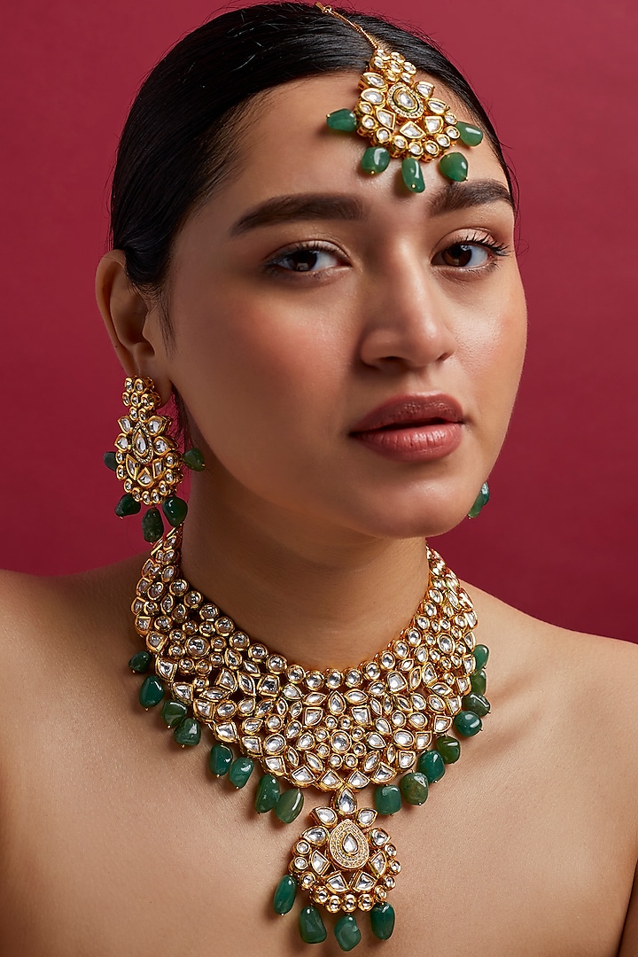 Gold Plated Necklace Set With Kundan Polki by Minaki