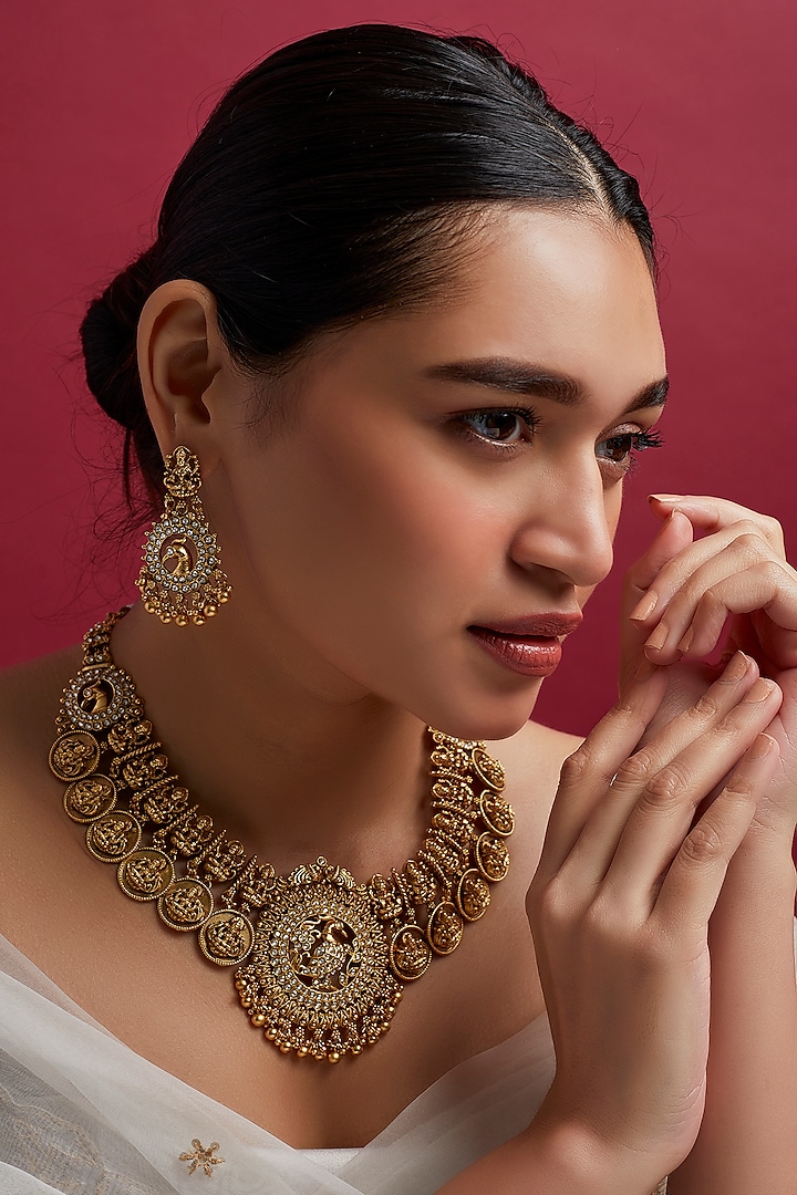 Gold Finish Pearl Temple Necklace Set by Minaki at Pernia's Pop Up Shop