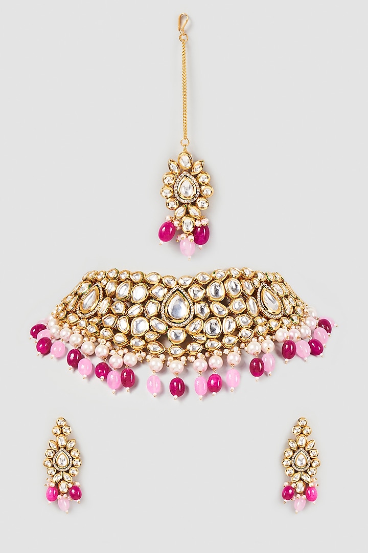 Gold Plated Agate Choker Necklace Set by Minaki