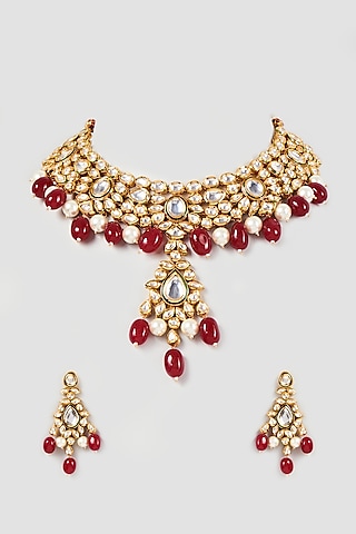 Gold Plated Kundan Polki Beaded Necklace Set by Minaki