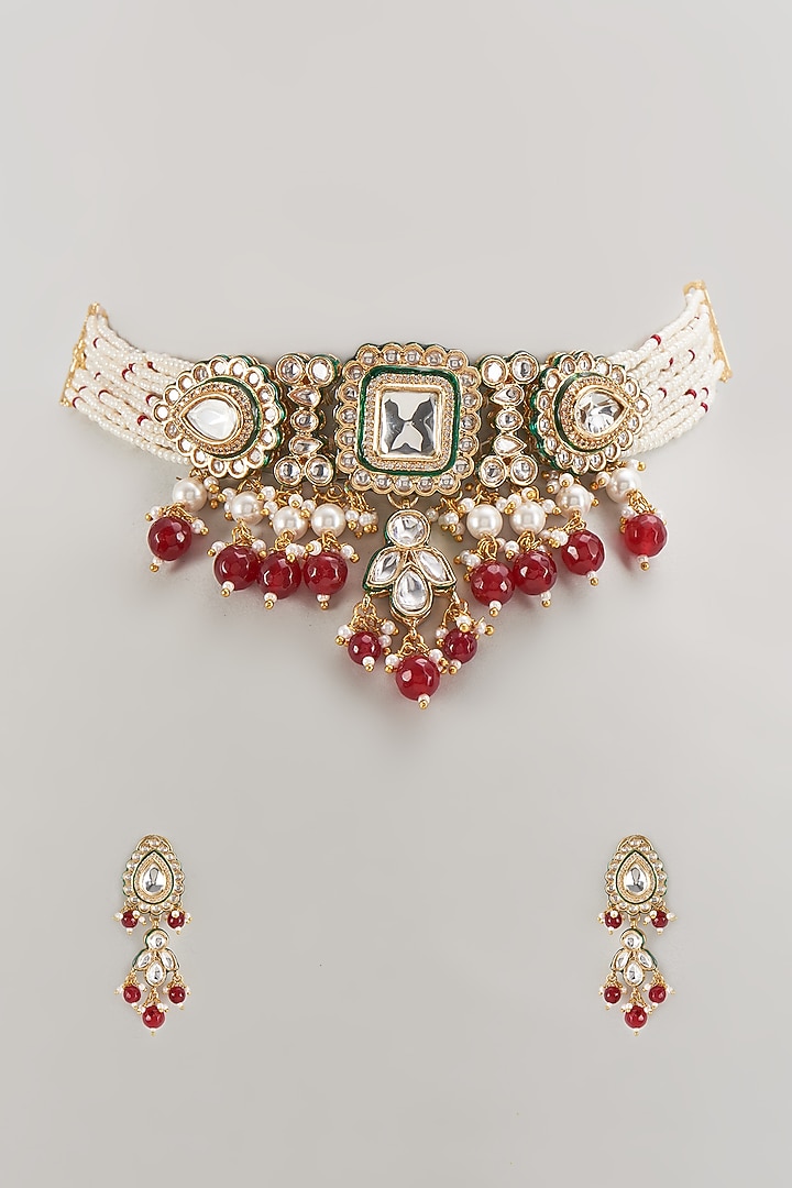 Gold Plated Kundan Polki & Pearl Meenakari Choker Necklace Set by Minaki at Pernia's Pop Up Shop