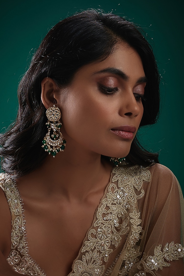 Gold Plated Kundan Polki & Green Beaded Meenakari Dangler Earrings by Minaki at Pernia's Pop Up Shop