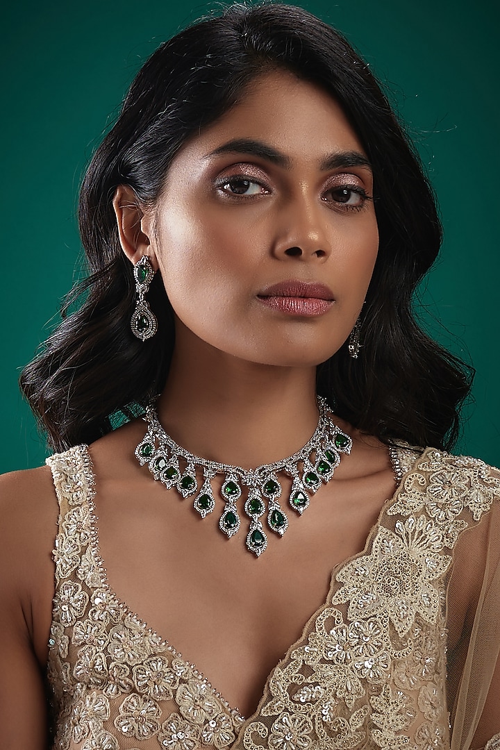 White Finish Cubic Zirconia & Emerald Stone Necklace Set by Minaki at Pernia's Pop Up Shop
