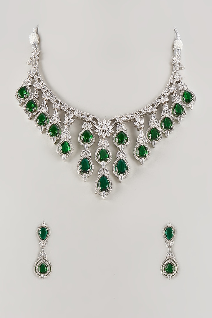 White Finish Cubic Zirconia & Emerald Stone Necklace Set by Minaki at Pernia's Pop Up Shop