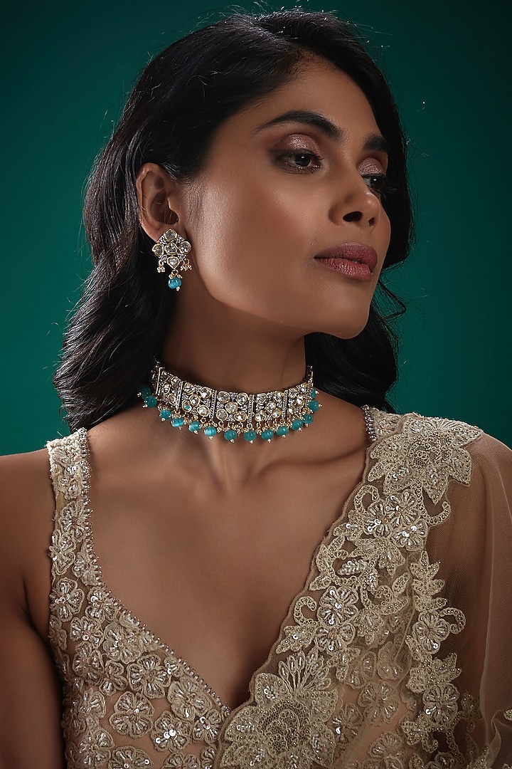 Two-Tone Finish Kundan Polki & Blue Beaded Necklace Set by Minaki at Pernia's Pop Up Shop