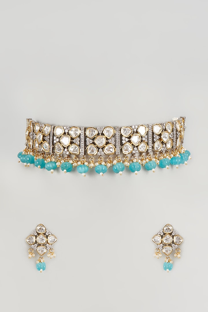 Two-Tone Finish Kundan Polki & Blue Beaded Necklace Set by Minaki at Pernia's Pop Up Shop