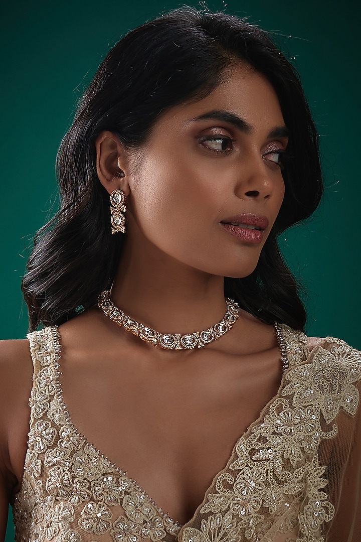 Gold Plated Kundan Polki & Crystals Choker Necklace Set by Minaki at Pernia's Pop Up Shop