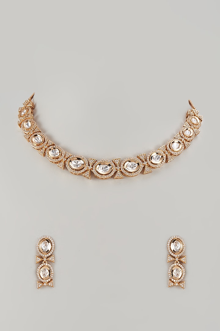 Gold Plated Kundan Polki & Crystals Choker Necklace Set by Minaki at Pernia's Pop Up Shop