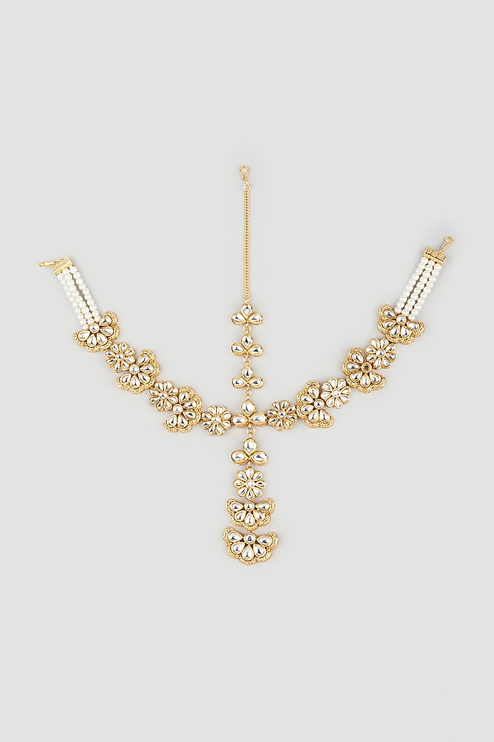 Gold Plated Pearl Floral Mathapatti by Minaki at Pernia's Pop Up Shop