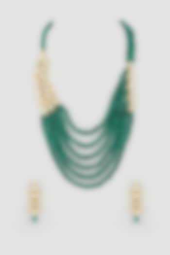 Gold Finish Emerald Green Stone Enamelled Multi-Layered Necklace Set by Minaki at Pernia's Pop Up Shop