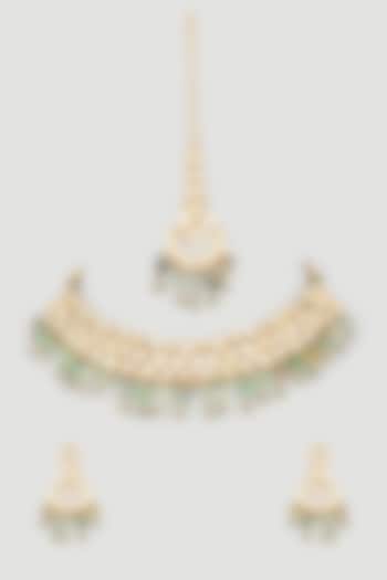 Gold Plated Mint Beaded Necklace Set by Minaki