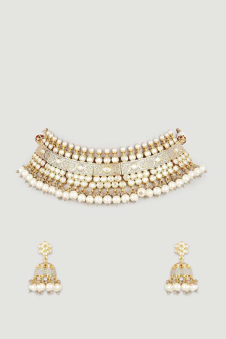 Gold Plated Pearl Choker Necklace Set by Minaki