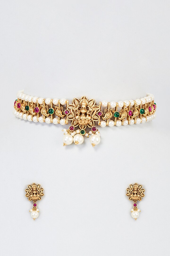 Gold Finish Kemp Stone Choker Temple Necklace Set by Minaki at Pernia's Pop Up Shop