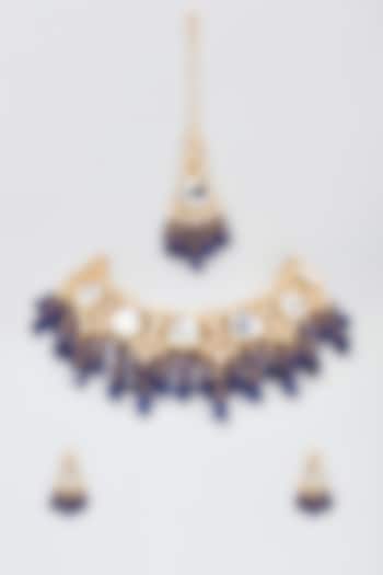 Gold Plated Blue Agate Beaded Necklace Set by Minaki