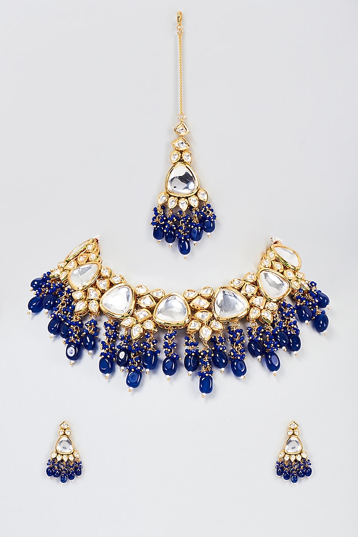Gold Plated Blue Agate Beaded Necklace Set by Minaki
