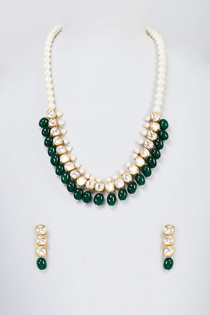 Gold Plated Green Agate Beaded Long Necklace Set by Minaki