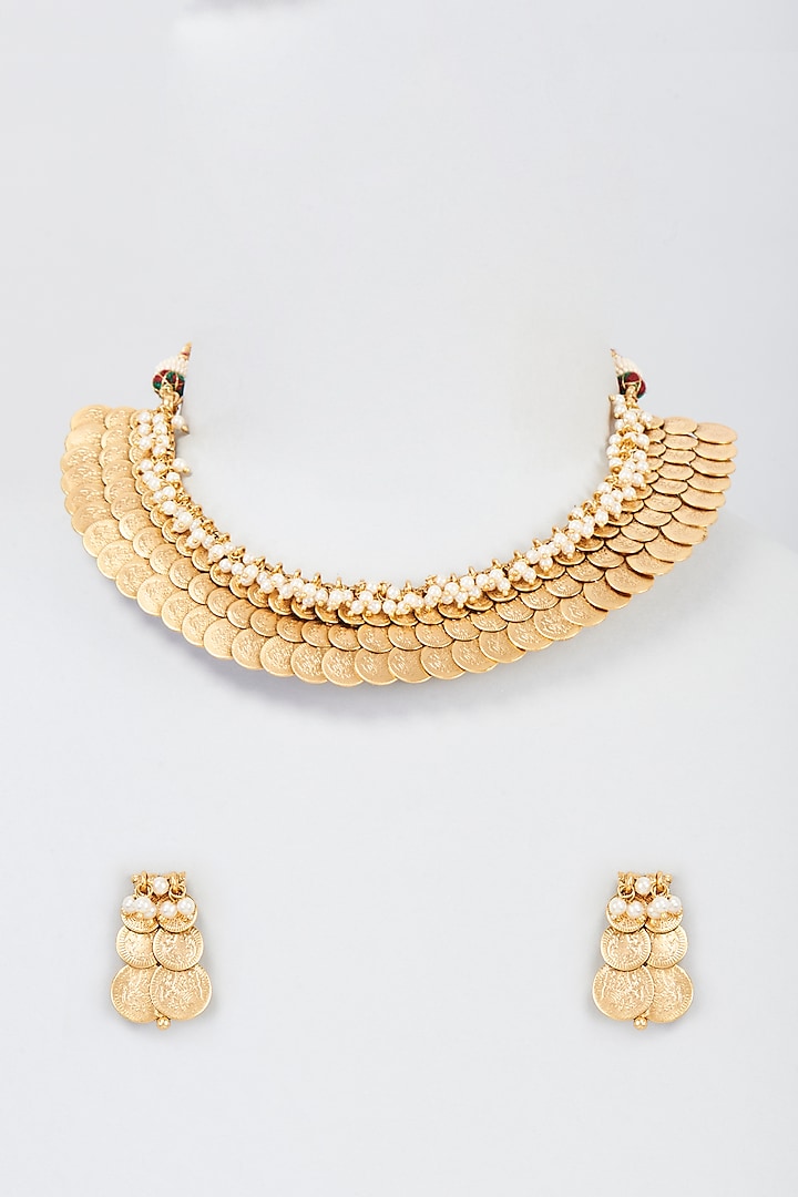 Gold Plated Pearl Coin Temple Necklace Set by Minaki at Pernia's Pop Up Shop