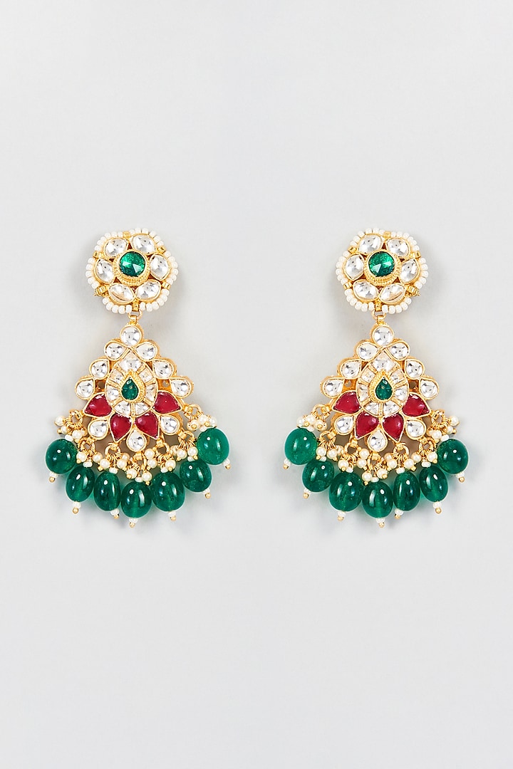 Gold Plated Ruby & Emerald Stone Dangler Earrings by Minaki
