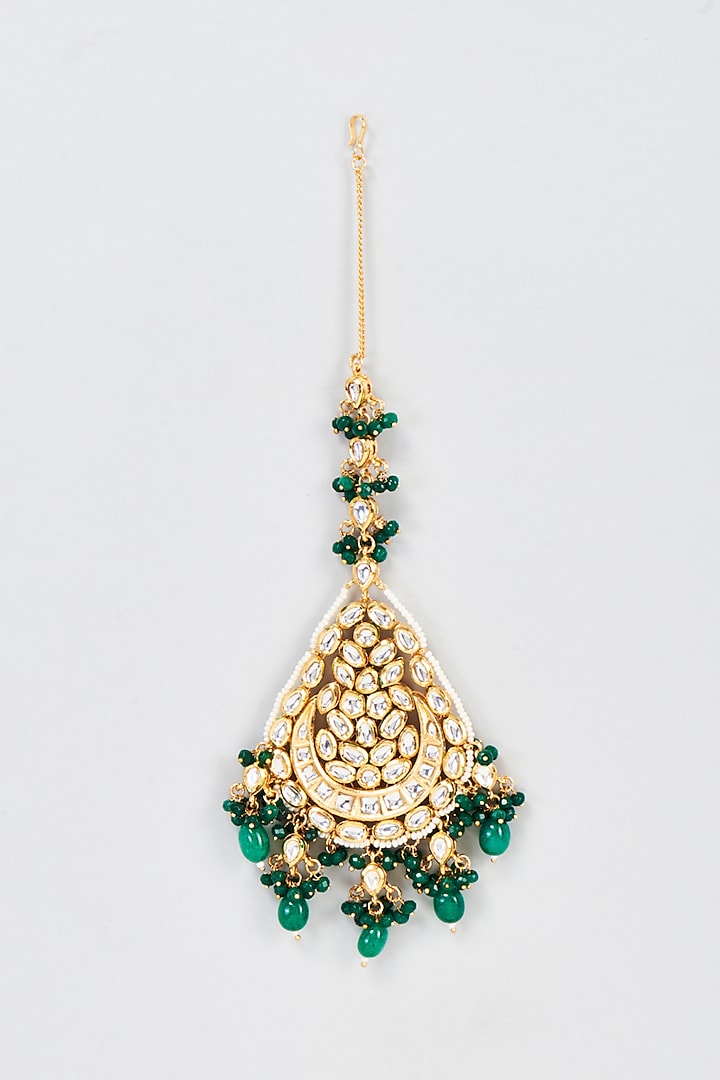Gold Plated Emerald Agate Beaded Maangtikka by Minaki