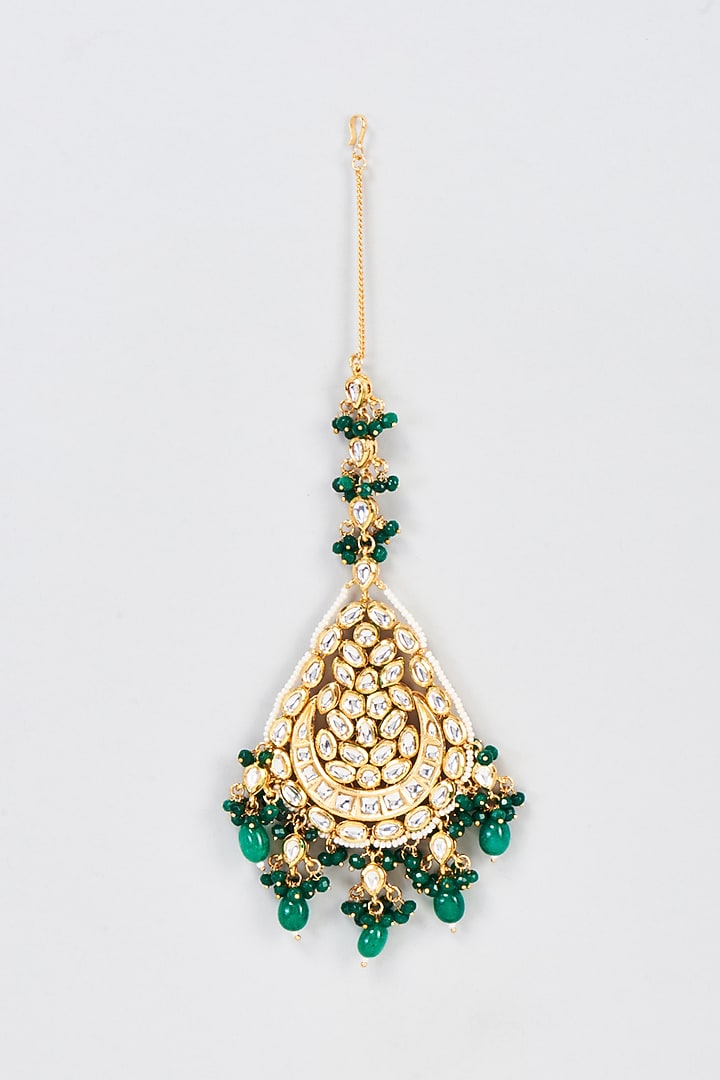 Gold Plated Emerald Agate Beaded Maangtikka by Minaki at Pernia's Pop Up Shop
