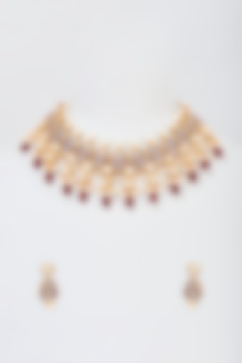 Gold Plated Ruby Agate Beaded Necklace Set by Minaki