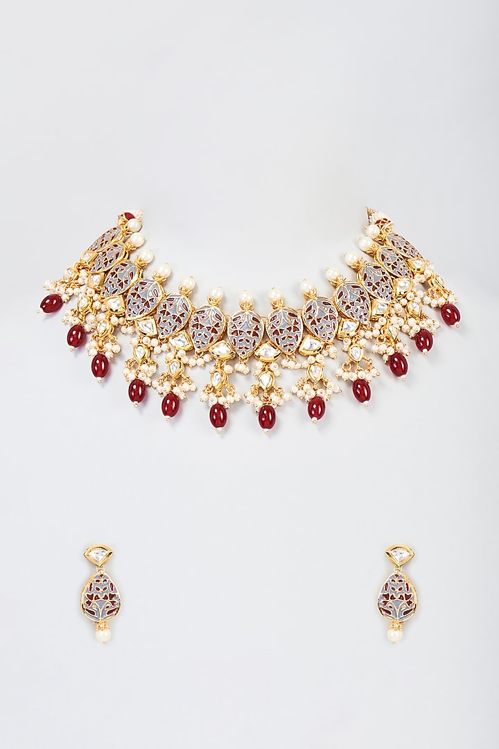 Gold Plated Ruby Agate Beaded Necklace Set by Minaki