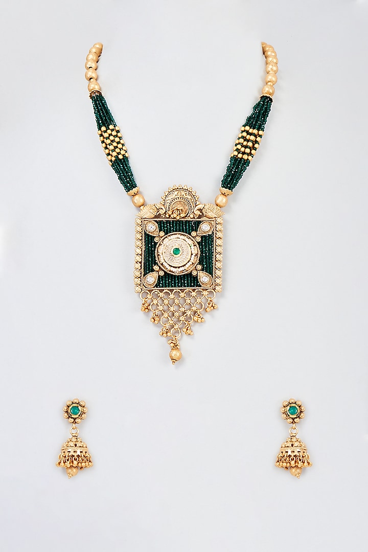 Gold Plated Emerald Stone Long Necklace Set by Minaki