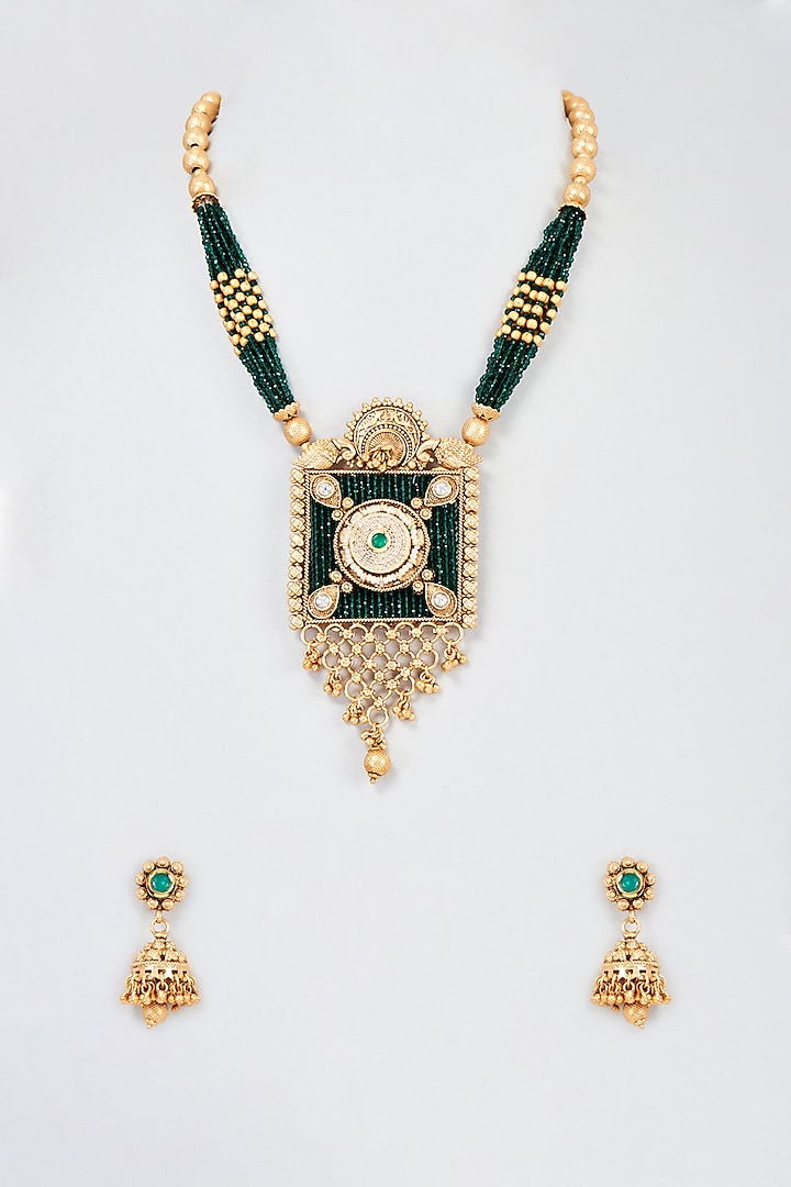 Gold Plated Emerald Stone Long Necklace Set by Minaki at Pernia's Pop Up Shop