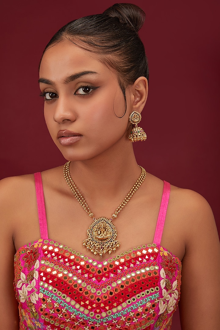 Gold Finish Kemp Stone & Beaded Pendant Necklace Set by Minaki at Pernia's Pop Up Shop