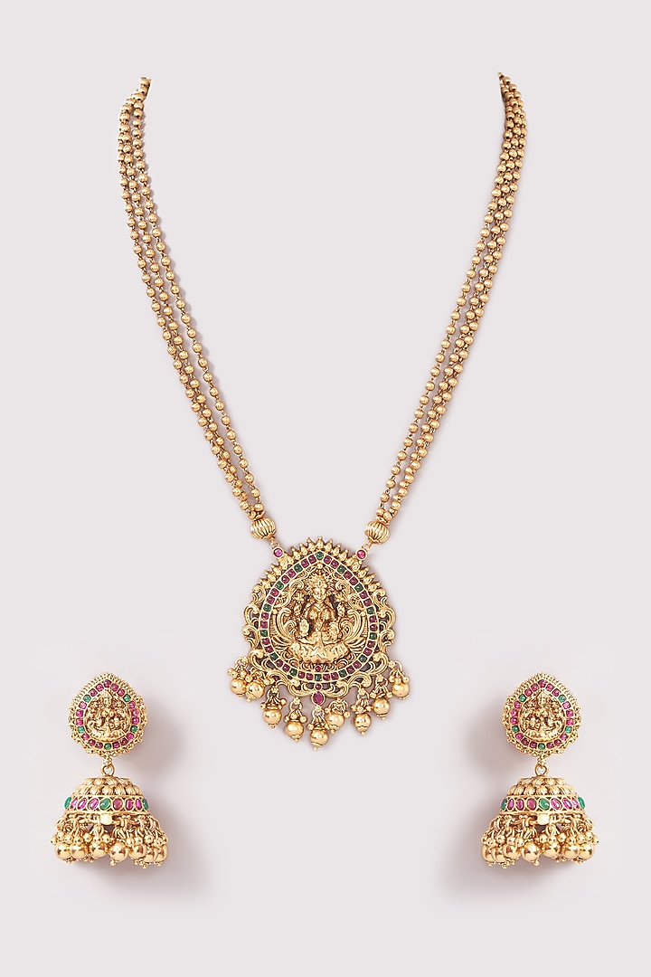 Gold Finish Kemp Stone & Beaded Pendant Necklace Set by Minaki at Pernia's Pop Up Shop