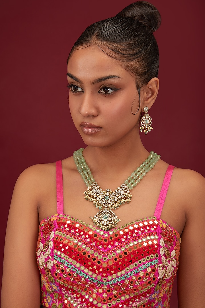 Gold Plated Kundan Polki & Beaded Layered Necklace Set by Minaki at Pernia's Pop Up Shop