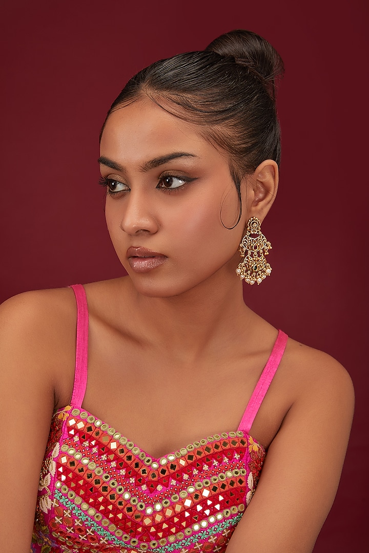 Gold Finish Ruby & Emerald Temple Dangler Earrings by Minaki at Pernia's Pop Up Shop