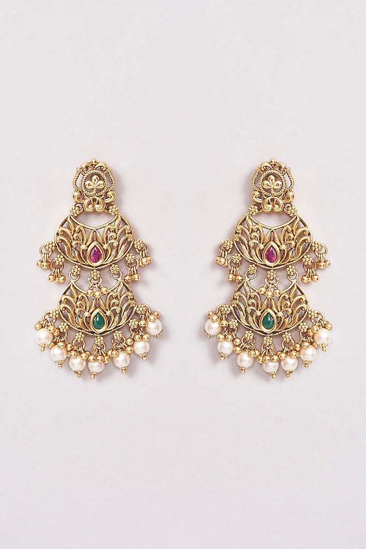 Gold Finish Ruby & Emerald Temple Dangler Earrings by Minaki at Pernia's Pop Up Shop