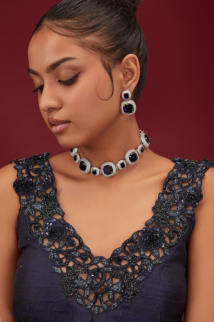 White Finish Blue Stone & Cubic Zirconia Necklace Set by Minaki at Pernia's Pop Up Shop