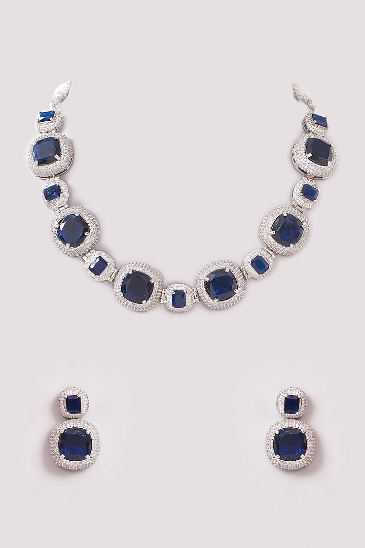 White Finish Blue Stone & Cubic Zirconia Necklace Set by Minaki at Pernia's Pop Up Shop