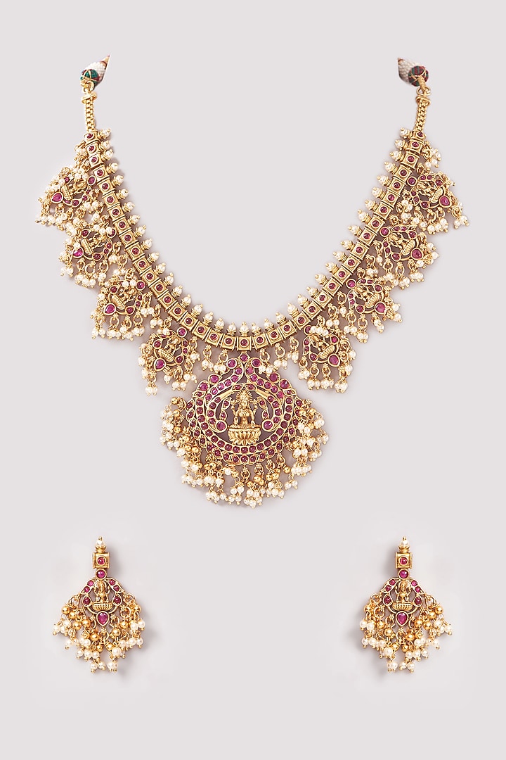 Gold Finish Kemp Stone & Pearl Necklace Set by Minaki at Pernia's Pop Up Shop