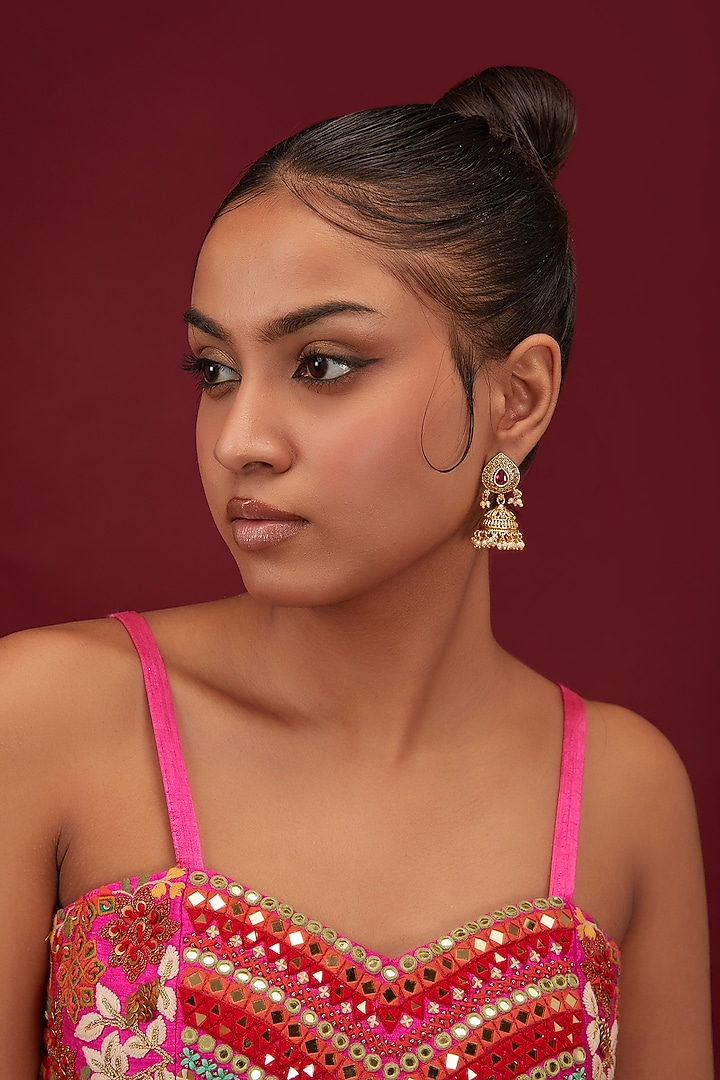 Gold Finish Kemp Stone & Pearl Temple Jhumka Earrings by Minaki at Pernia's Pop Up Shop