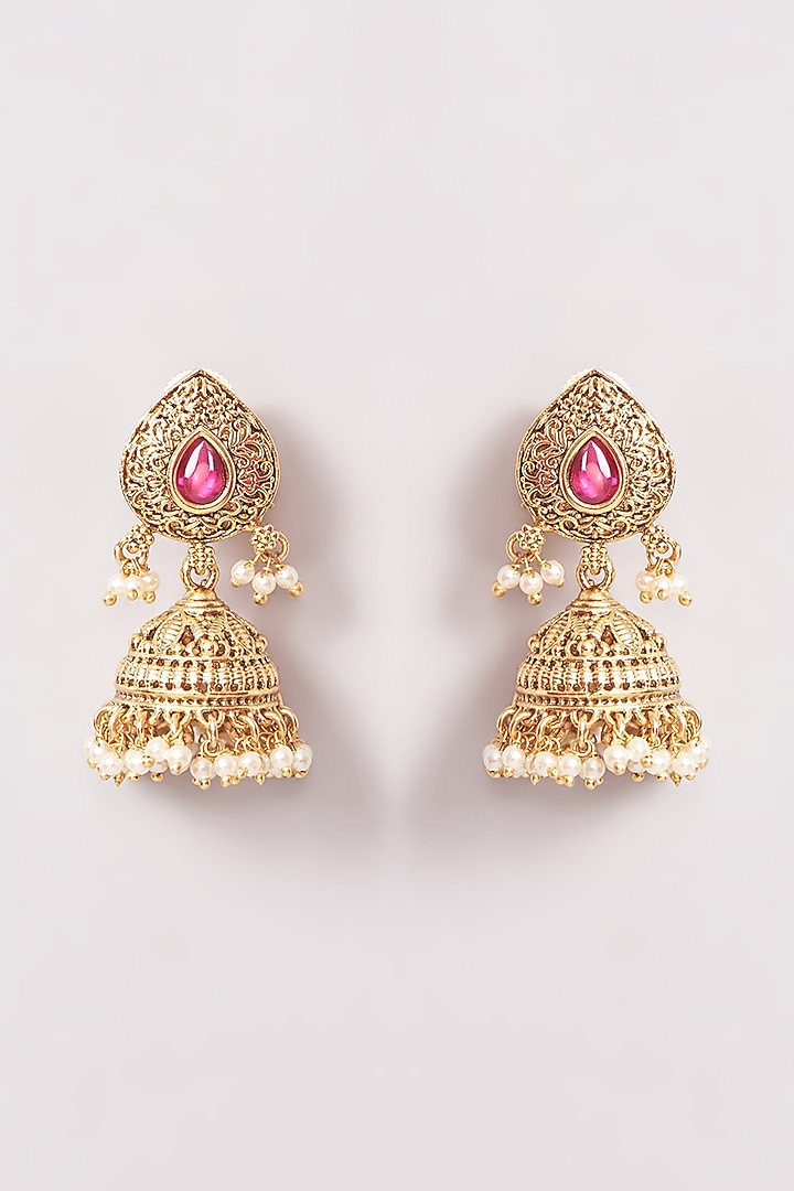 Gold Finish Kemp Stone & Pearl Temple Jhumka Earrings by Minaki at Pernia's Pop Up Shop
