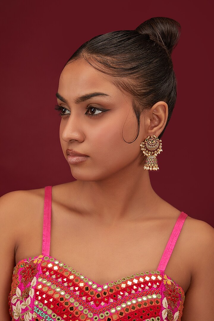 Gold Finish Kemp Stone & Pearl Temple Jhumka Earrings by Minaki at Pernia's Pop Up Shop