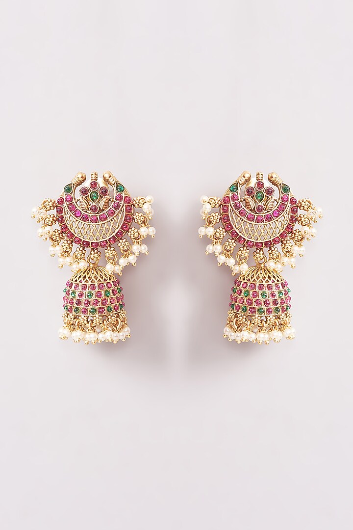 Gold Finish Kemp Stone & Pearl Temple Jhumka Earrings by Minaki at Pernia's Pop Up Shop