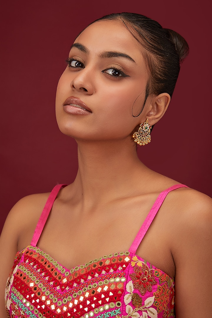 Gold Finish Kemp Stone & Beaded Temple Dangler Earrings by Minaki at Pernia's Pop Up Shop